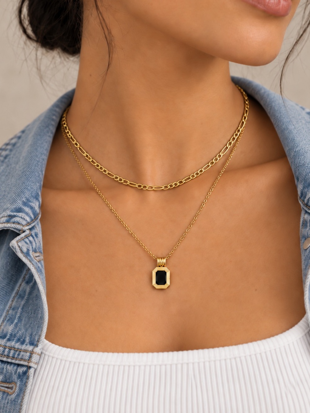18K Gold Plated Double Layer Black Pendant Necklace